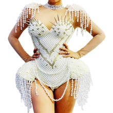 White Mesh Gauze Bodysuit Women Rhinestones Pearl Rivet Embellished Beaded Costume Nightclub Dance Show Wear Bar Club Stage 2024 - buy cheap