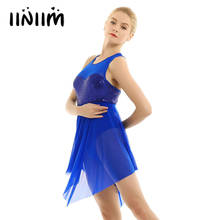 Iiniim mulheres adulto bailarina vestido de dança lantejoulas assimétrico traje malha cruz volta ginástica collant dancewear 2024 - compre barato