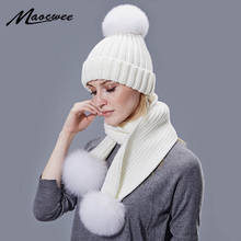 Real Fox Fur Pompon Beanie Hat Scarf Set For Children Women Winter Warm Beanies Hats Knitted Outdoor Cap Female High Quality Set 2024 - buy cheap