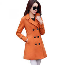 Женское модное однотонное двубортное шерстяное пальто, высококачественный элегантный тонкий женский длинный Тренч, большие размеры, Femininos 3XL 2024 - купить недорого