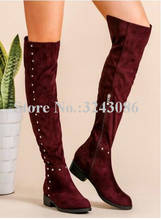 Women Rivets Flat Over the Knee Boots Fashion Wine Red Winter Long Boots Lady Large Size Spikes Casual Boots Dropship 2024 - buy cheap