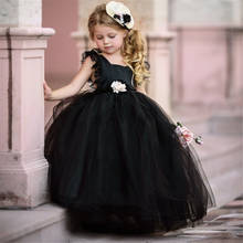 Vestido floral elegante, preto, para meninas, casamento, vestido de baile, tule, sem mangas, primeira comunhão, desfile, vestidos 2024 - compre barato