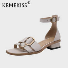 Kemekiss mulher sandálias de couro real saltos quadrados fivelas sapatos para mulher verão diário calçados de moda ao ar livre tamanho 33-40 2024 - compre barato