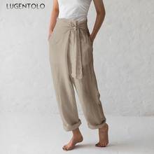 Lugentolo-pantalones de vendaje para mujer, pantalón informal de lino liso, de cintura alta con bolsillo, largo, primavera y otoño 2024 - compra barato