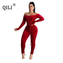 QILI Women New Velvet Lace Up Jumpsuits Sexy Off The Shoulder Full Sleeve Pockets Bodycon Jumpsuit Womens Overassl 2024 - buy cheap