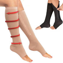 Meias de compressão unissex, meias de compressão com zíper e suporte de perna para homens e mulheres, bico aberto até o joelho 2024 - compre barato