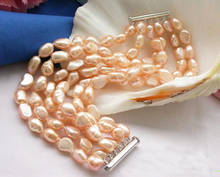 Joias de pérolas exclusivas loja de 6row, 8 polegadas, rosa, pérolas cultivadas em água fresca, bracelete charmoso para mulheres, presente de joia 2024 - compre barato