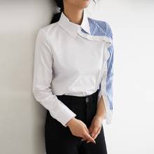 Camisas informales de manga larga para mujer, Tops elegantes a rayas de retales de estilo coreano, 100% algodón, novedad de primavera 2021, W105 2024 - compra barato