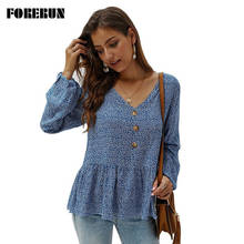 FORERUN, blusa Floral para Mujer, Blusas De manga larga con cuello en V profundo, Camisa estampada De verano, a la Moda ropa De calle, Top, Blusas De Moda para Mujer 2020 2024 - compra barato