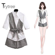 Trytree-Conjunto de dos piezas para mujeres, Tops a cuadros de retales con cuello vuelto informal y bolsillos de botones cortos, conjunto de 2 piezas de moda de verano 2020 2024 - compra barato