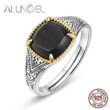ALLNOEL Solid 925 Sterling Silver Ring For Women 100% Natural Black Agate luxury Female Jewelry Wedding Rings Adjustable New 2024 - buy cheap