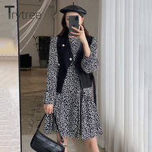 Trytree 2021 Spring Summer Two piece set Casual Button Black Vest + Puff Sleeve Loose Floral Dress Office Lady Suit 2 Piece Set 2024 - buy cheap