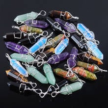 Wholesale 12Pcs/Lot Handmade Iron Wire Wrapped Pendants For Jewelry Crystal Pillar Stone Hexagonal Pointed Reiki Chakra IBN306 2024 - buy cheap