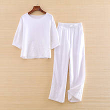 Conjunto de camisa de linho bordada 2 peças, top feminino, primavera-verão, alta qualidade + calças cortadas brancas elegantes, plus size 2024 - compre barato
