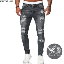 Sexy Ripped Men Jeans Slim Pencil Hole Denim Pants 2021 Exclusive New Phoenix Print Trousers boy street Biker Denim Clothing 2024 - buy cheap