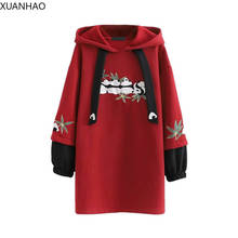 XUANHAO Red Long Hooded Sweatshirt Panda Embroidery Cotton Hoodies For Women Casual Long Sleeve Thick Pullovers Loose Tracksuit 2024 - buy cheap