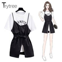 Trytree 2021 Summer Women Two Piece Set Casual O-neck Letters Cotton Long T-shirt + Single Button Mini Dress Belt 2 Piece Set 2024 - buy cheap