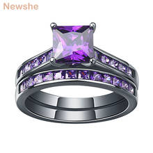 Newshe-Conjunto de anillos de compromiso de boda para mujer, color negro, anillos únicos púrpura de 1,25 Ct, corte de princesa AAAAA, circonitas cúbicas, joyería de moda 2024 - compra barato