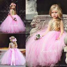 Puffy Pink Tulle Little Girls Pageant Dresses Top Gold Sequin Floor Length Flower Girl Dress Bow Sash Formal Kids Ball Gowns 202 2024 - buy cheap