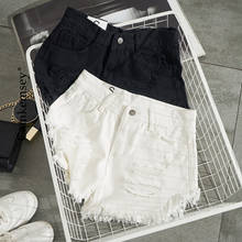 CamKemsey-pantalones cortos de mezclilla para mujer, blancos de Vaqueros cintura alta, con agujeros rasgados y puños, informales 2024 - compra barato