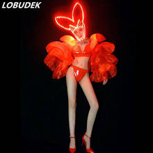 Traje de baile Sexy para discoteca, Bikini de cuero rojo, tocado LED luminoso, ropa de escenario, fiesta, espectáculo, atuendo de actuación para cantante 2024 - compra barato