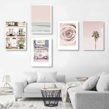 Настенная картина «розовый автомобиль», постеры в скандинавском стиле с изображением океана, цветов, дома, пейзажа, стен, декор для гостиной 2024 - купить недорого
