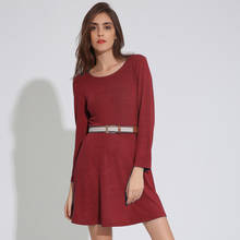 Осенне-зимнее базовое платье с длинным рукавом 2019 нового размера плюс элегантное женское красное платье с круглым вырезом однотонное приталенное платье GRG004 2024 - купить недорого