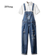 Men Denim Hole Bib Overalls Loose  Fashion Hip Hop Streetwear Jumpsuit Blue Tattered Jeans Homme Pants Freight Trousers 2024 - buy cheap