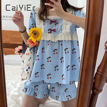 CAIYIER Cute Lace Cherry Girls Pajamas Set Summer Lovely Short Sleeve Sleepwear Casual Korean Nightwear Ladies Sweet Homewear 2024 - buy cheap