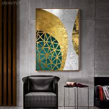 Pintura en lienzo con patrón geométrico para decoración del hogar, póster de impresión abstracta nórdica, imagen artística de pared para sala de estar, color verde y dorado 2024 - compra barato