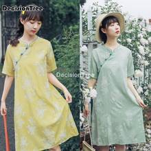 Vestido chinês 2021, vestido cheongsam floral, vestido solto de algodão e linho qipao casual tradicional vintage qipao 2024 - compre barato