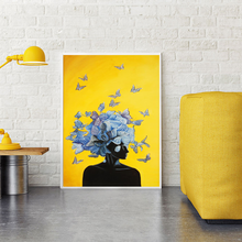 Nórdico menina com borboleta abstrata pintura da lona amarelo azul cartazes e impressão cuadros parede arte imagem para sala de estar decoração 2024 - compre barato