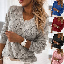 Suéter de punto con plumas para mujer, Jersey de manga larga con cuello en V, holgado, básico, para invierno 2024 - compra barato
