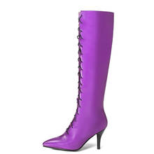 Botas altas do joelho feitas para mulheres, sapatos estilosos de salto alto com cadarço, sexy, roxo, sapatos femininos para outono e inverno, tamanho grande 2024 - compre barato