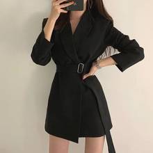 Fall 2019 Mew Women Blazer Coat Notched Collar Long Sleeve Belted Slim Autumn Coat Casual Long Blazer Jacket Outfit High Quality 2024 - buy cheap