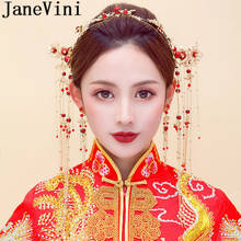 JaneVini Vintage Bride Headpieces Gold Red Chinese Style Wedding Crystal Hair Pins Sticks Bridal Earrings Metal Headband Tassel 2024 - buy cheap