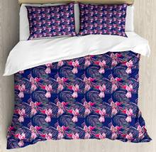 Watercolor Duvet Cover Set Tropical Illustration of Flamingos and Leaves 3 Piece Bedding Set Night Blue Magenta 2024 - buy cheap