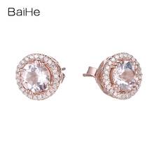 BAIHE-pendientes de oro rosa de 10K macizo auténtico para mujer, joyería fina de compromiso para boda, aretes de tuerca redondos para hombre y mujer, Eyrnalokkar 2024 - compra barato