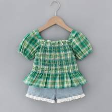 Verão bebê meninas roupas xadrez verde tops + shorts denim 2 pçs outfits menina xadrez camisa jeans shorts de duas peças conjunto 2024 - compre barato
