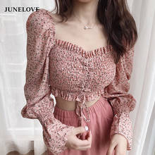 JuneLove 2020 spring square collar floral shirts vintage Women Clothing full chiffon flare sleeve Harajuku blouse female tops 2024 - buy cheap