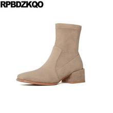 Zapatos de ante de cuero genuino para mujer, botines elásticos de punta cuadrada, Vintage, de piel gruesa, sin cordones, de tacón medio, invierno, 2021 2024 - compra barato