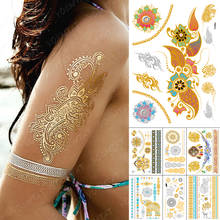 Pegatina de tatuaje temporal a prueba de agua, Mandala de loto, dorado, plateado, Flash metálico, tatuaje bohemio, Henna, flor, joyería, brillo, arte corporal 2024 - compra barato