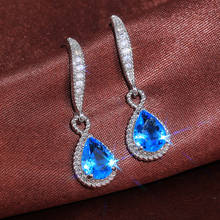 Vintage Silver Color Blue Crystal Drop Earrings for Women Wedding Water Drop Statement Pendant Necklace Angel Tears Jewelry Gift 2024 - buy cheap