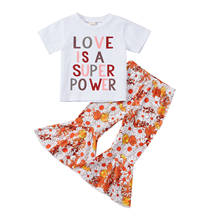 Focusnm 2 pçs verão crianças meninas conjuntos de roupas 1-6y carta impresso manga curta t camisas floral flare calças 2024 - compre barato