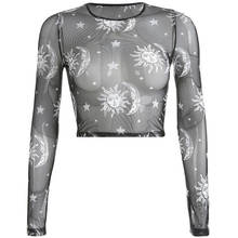 Y2k Black Stars Moon Pattern T-Shirts 2021 Long Sleeves Short Tops Wear Lady Sheer Mesh Slim Fit Casual Tee Shirts Female Jumper 2024 - buy cheap