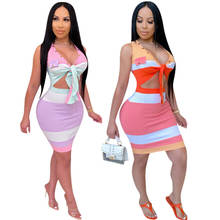Adogirl Summer Women Sexy Striped Tie Up Mini Dress Sleeveless V-neck Cut Out High Waist Bodycon Dress Party Club Dress Vestido 2024 - buy cheap