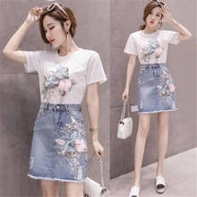 Summer Beading Women Sets Heavy Work Embroidery 3D Flower Short Sleeve T Shirt And Hole Jeans Skirt 2pcs Female Skirt Suits Y691 2024 - buy cheap