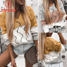 Fashion Women Casual Loose Sweaters Hollow Out Color Matching Design V-Neck Long Sleeve Spring Autumn Pullovers Knitted Top 2024 - buy cheap