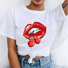 Novo verão camisetas vermelho boca lábio beijo impresso preto tshirt engraçado leopardo gráfico camiseta femme harajuku t camisa 2024 - compre barato