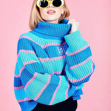 Зимние женские свитера Ulzzang, свитер в полоску с высоким воротником и вышивкой надписями, одежда в стиле Харадзюку 2024 - купить недорого